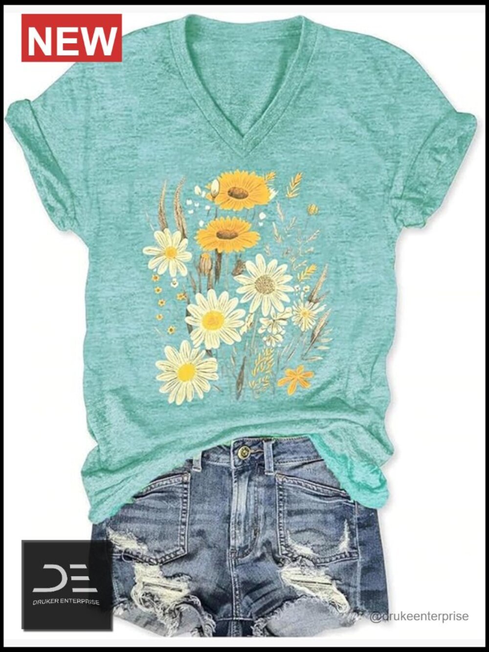 Womens V-Neck Graphic Boho Flowers Summer Short Sleeve Tee Tops Cotton Blend